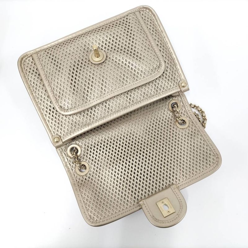Chanel CC Logo Double Chain Shoulder Bag Leather Mesh Gold