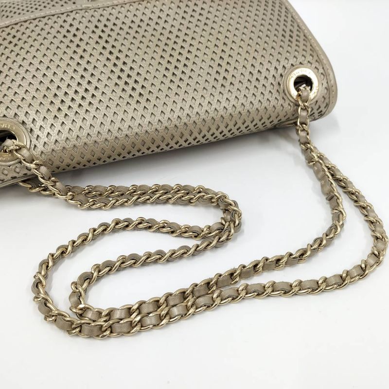 Chanel CC Logo Double Chain Shoulder Bag Leather Mesh Gold