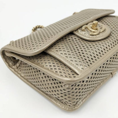 Chanel CC Logo Double Chain Shoulder Bag Leather Mesh Gold