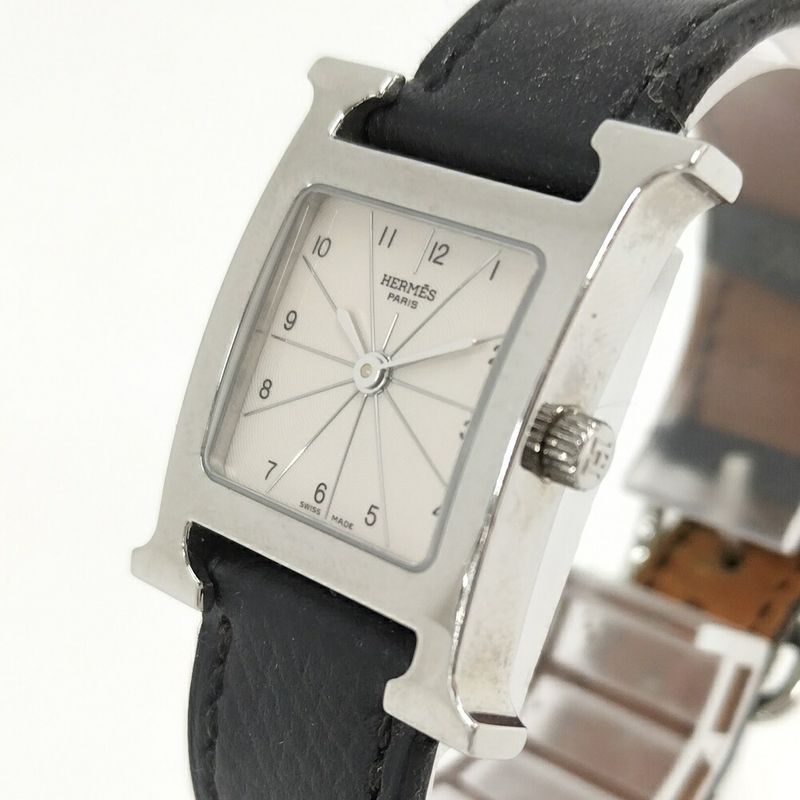 Hermes Watch Quartz SS Leather Silver Black Gray Dial