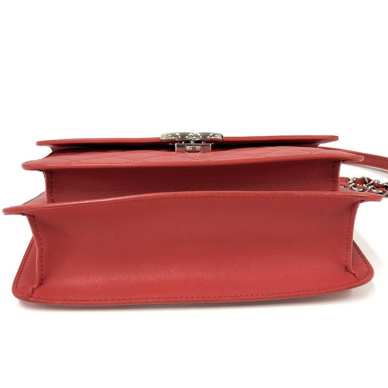 Chanel Chain Shoulder Bag CC Logo Quilted Leather Red