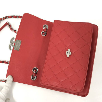 Chanel Chain Shoulder Bag CC Logo Quilted Leather Red
