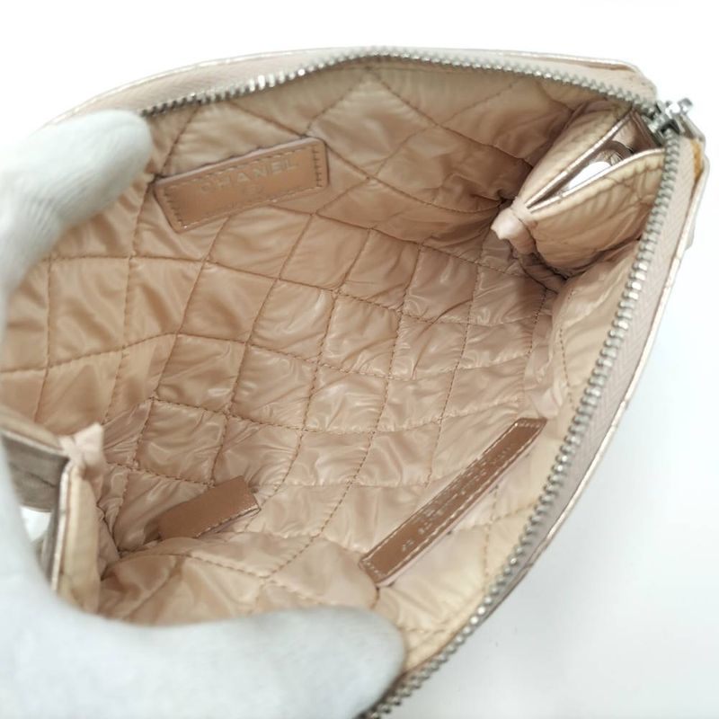 Chanel Quilted Cosmetic Pouch Metallic CC Logo Lambskin Pink