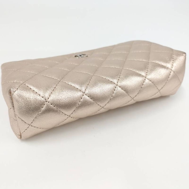 Chanel Quilted Cosmetic Pouch Metallic CC Logo Lambskin Pink