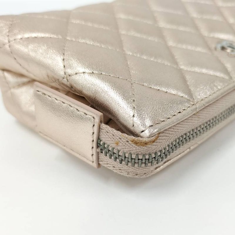 Chanel Quilted Cosmetic Pouch Metallic CC Logo Lambskin Pink