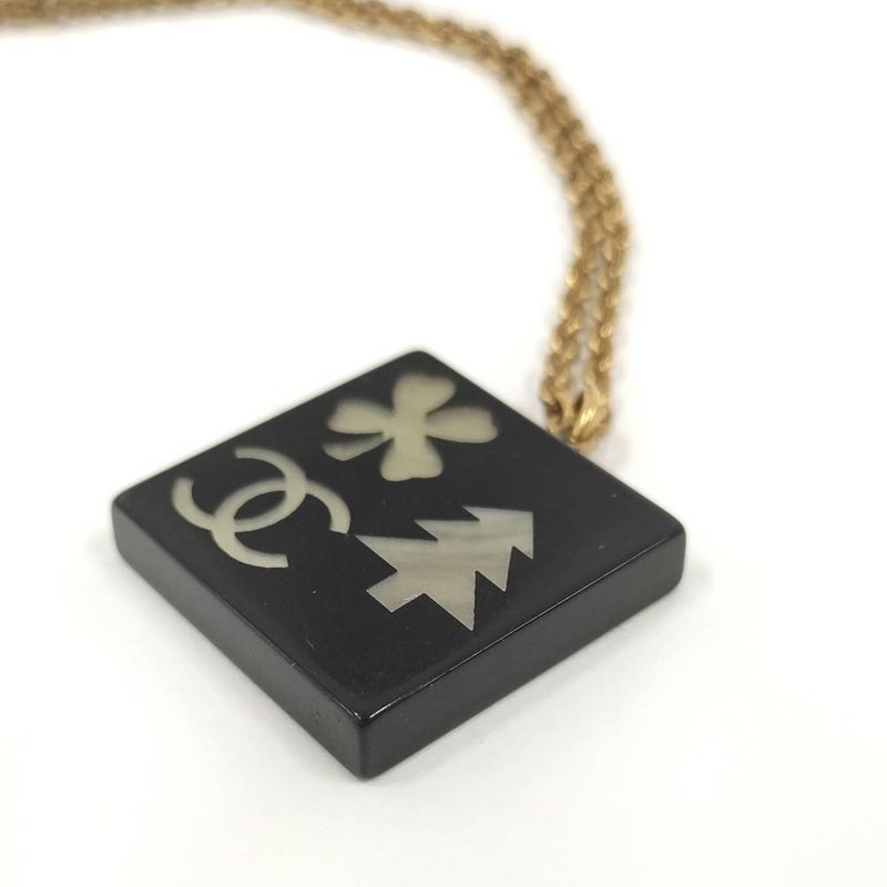 Chanel Necklace Square Plate CC Logo Black Gold Plated