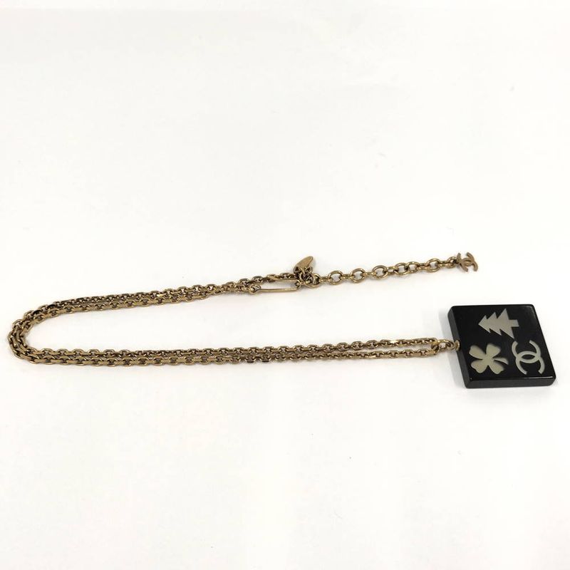 Chanel Necklace Square Plate CC Logo Black Gold Plated