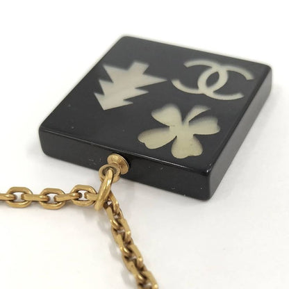 Chanel Necklace Square Plate CC Logo Black Gold Plated