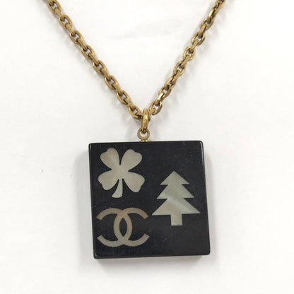 Chanel Necklace Square Plate CC Logo Black Gold Plated