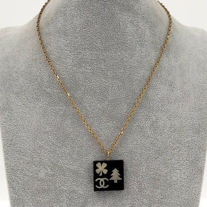 Chanel Necklace Square Plate CC Logo Black Gold Plated