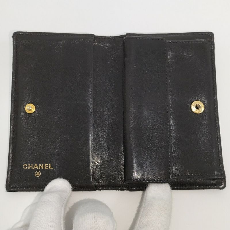 Chanel Coin Case Card Bicolor Satin Leather Black