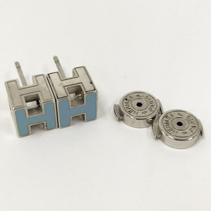 Hermes Cage Ash Cube Earrings Hlogo Blue Silver Plated