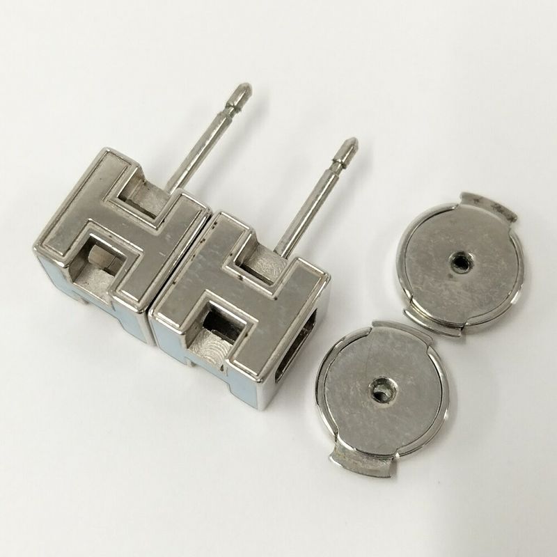 Hermes Cage Ash Cube Earrings Hlogo Blue Silver Plated