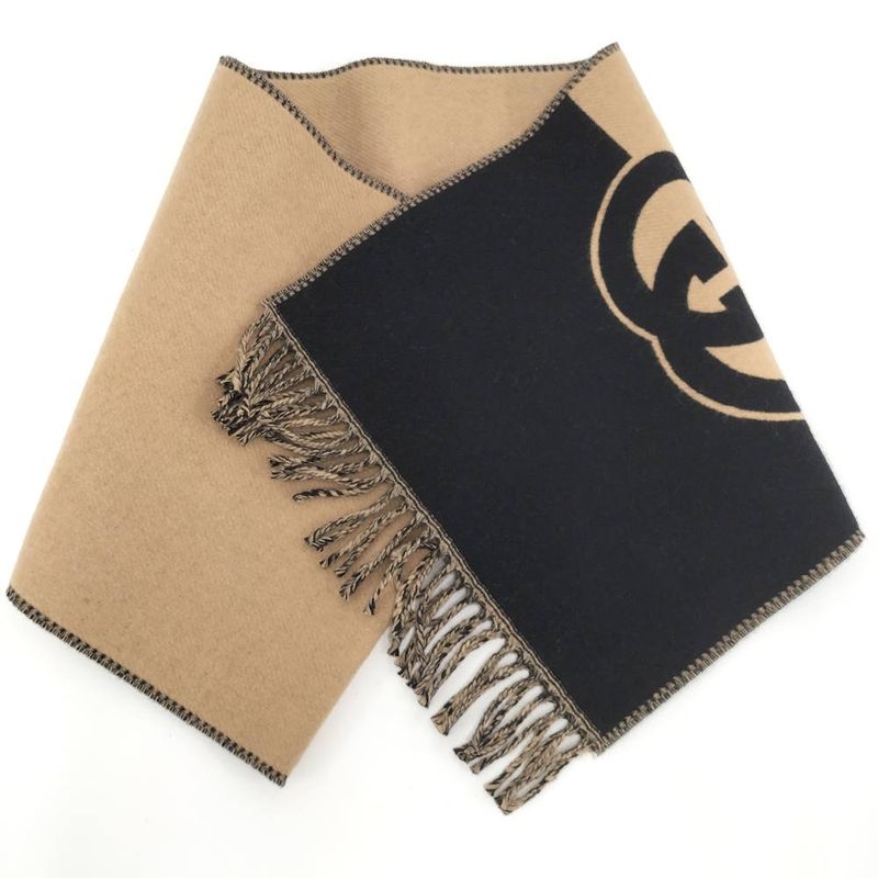 Gucci Scarf GG Pattern Cashmere Wool Brown Black
