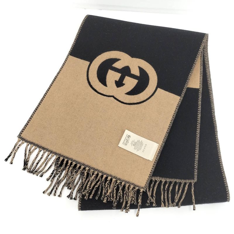 Gucci Scarf GG Pattern Cashmere Wool Brown Black