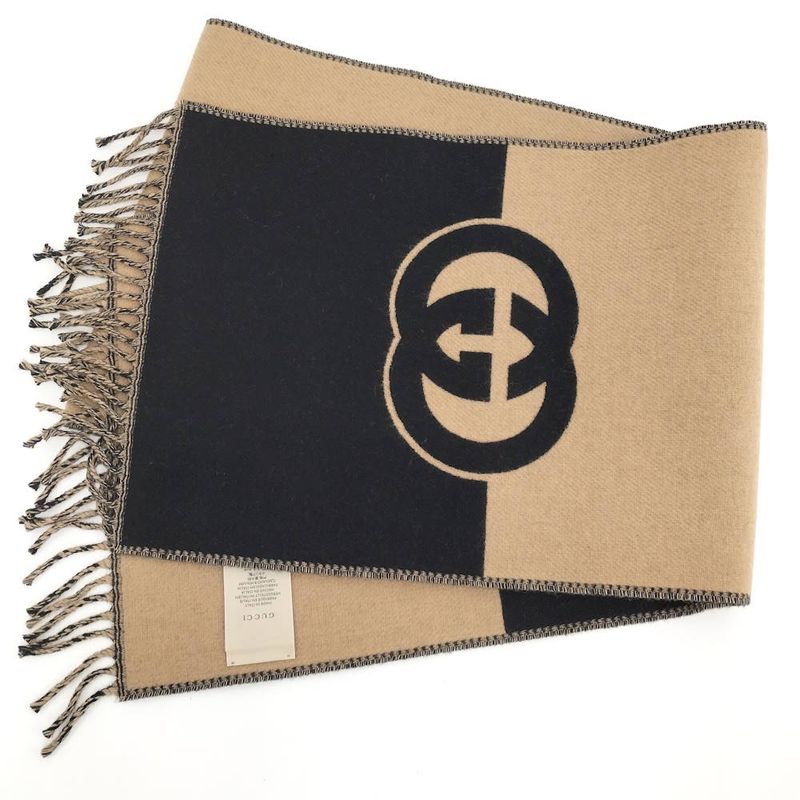 Gucci Scarf GG Pattern Cashmere Wool Brown Black