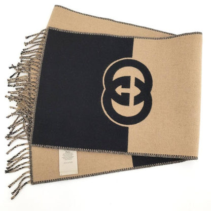 Gucci Scarf GG Pattern Cashmere Wool Brown Black