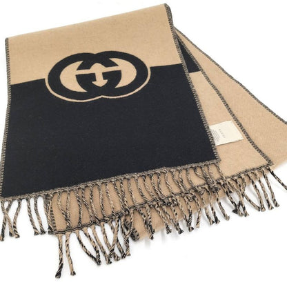 Gucci Scarf GG Pattern Cashmere Wool Brown Black