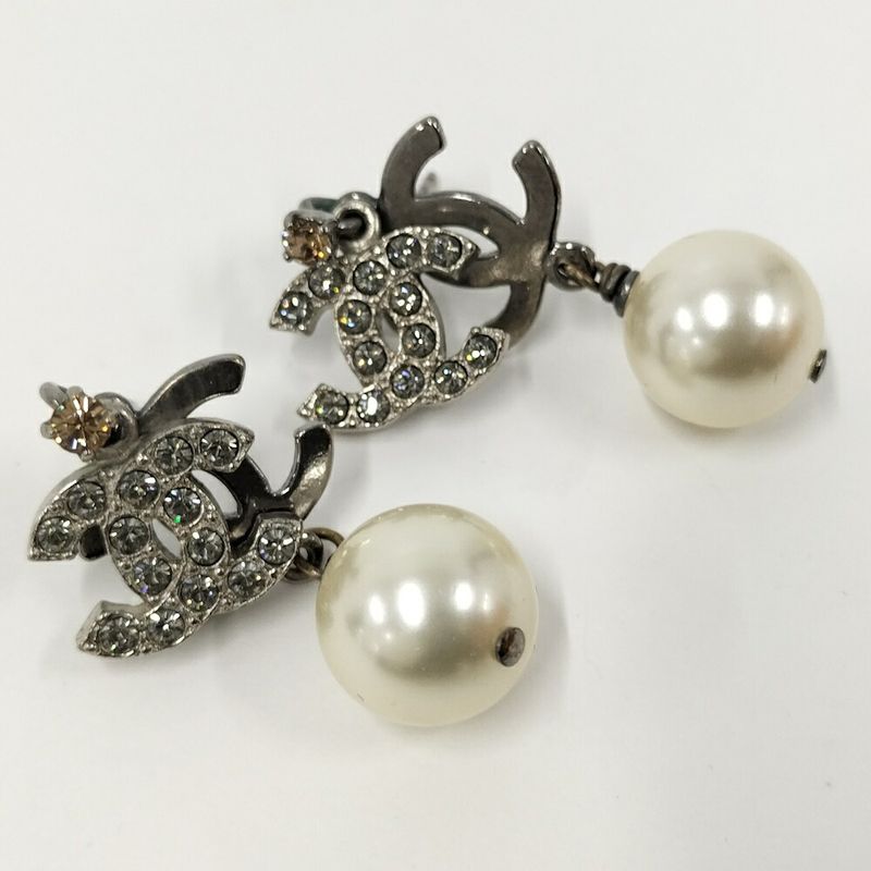 Chanel CC Logo Line Stone Earrings Plated Silver