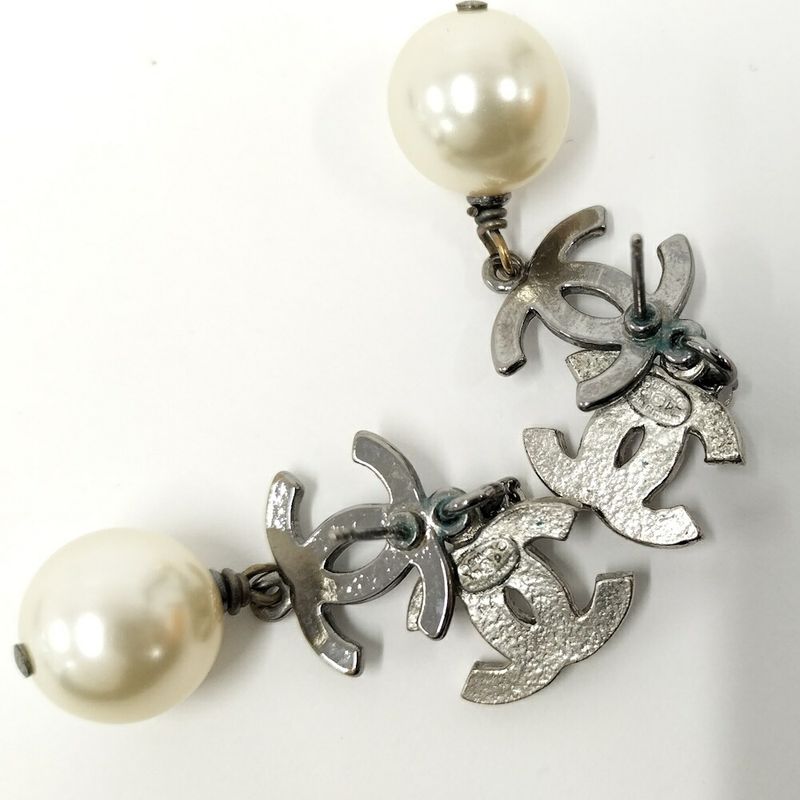 Chanel CC Logo Line Stone Earrings Plated Silver