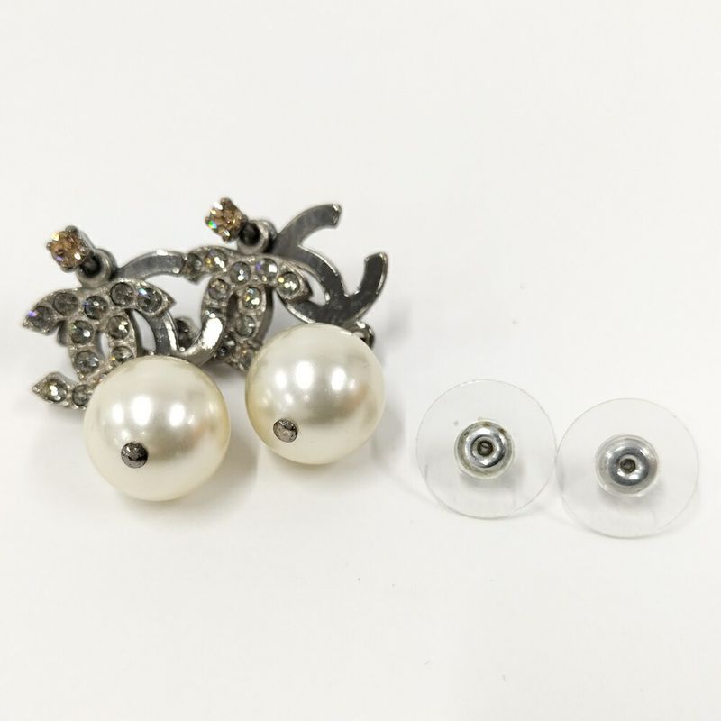 Chanel CC Logo Line Stone Earrings Plated Silver