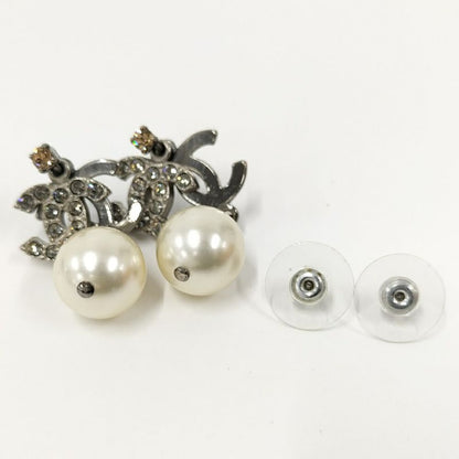 Chanel CC Logo Line Stone Earrings Plated Silver