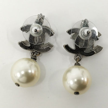 Chanel CC Logo Line Stone Earrings Plated Silver