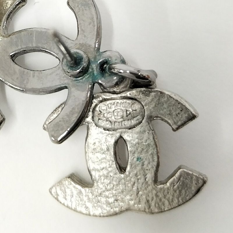 Chanel CC Logo Line Stone Earrings Plated Silver