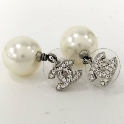 Chanel Earrings CC Logo Pearl Plated Silver
