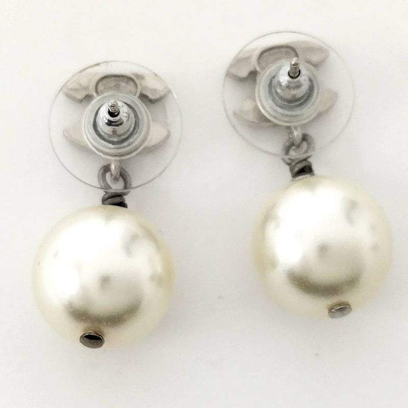 Chanel Earrings CC Logo Pearl Plated Silver
