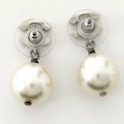 Chanel Earrings CC Logo Pearl Plated Silver