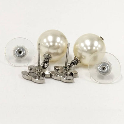 Chanel Earrings CC Logo Pearl Plated Silver