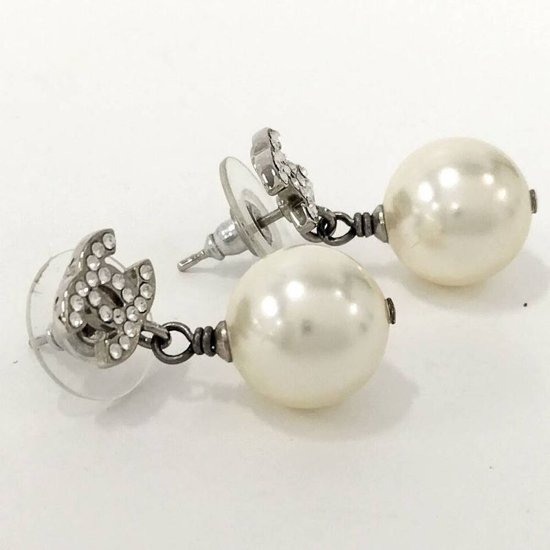 Chanel Earrings CC Logo Pearl Plated Silver