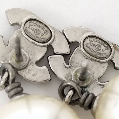 Chanel Earrings CC Logo Pearl Plated Silver