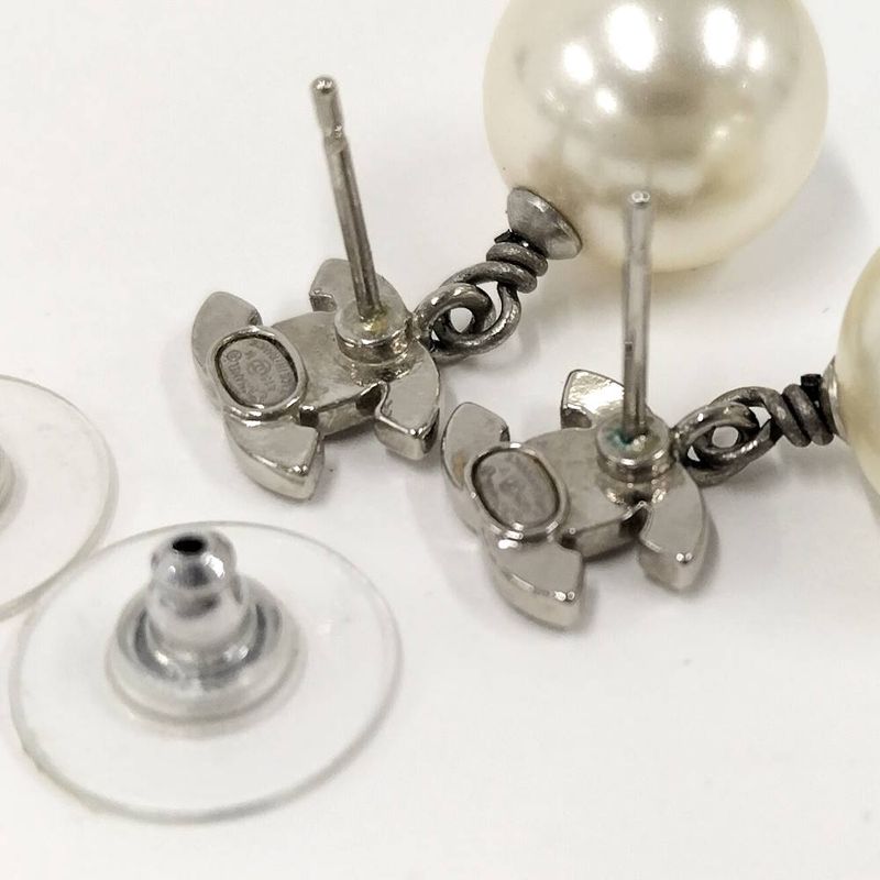 Chanel Earrings CC Logo Pearl Plated Silver