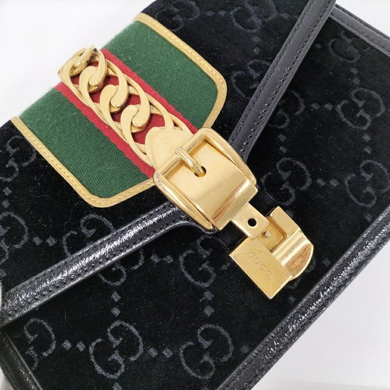 Gucci Shoulder Bag Sherry Line Suede Black