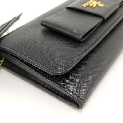 Prada Bifold Wallet Ribbon Leather Saffiano Black Nero