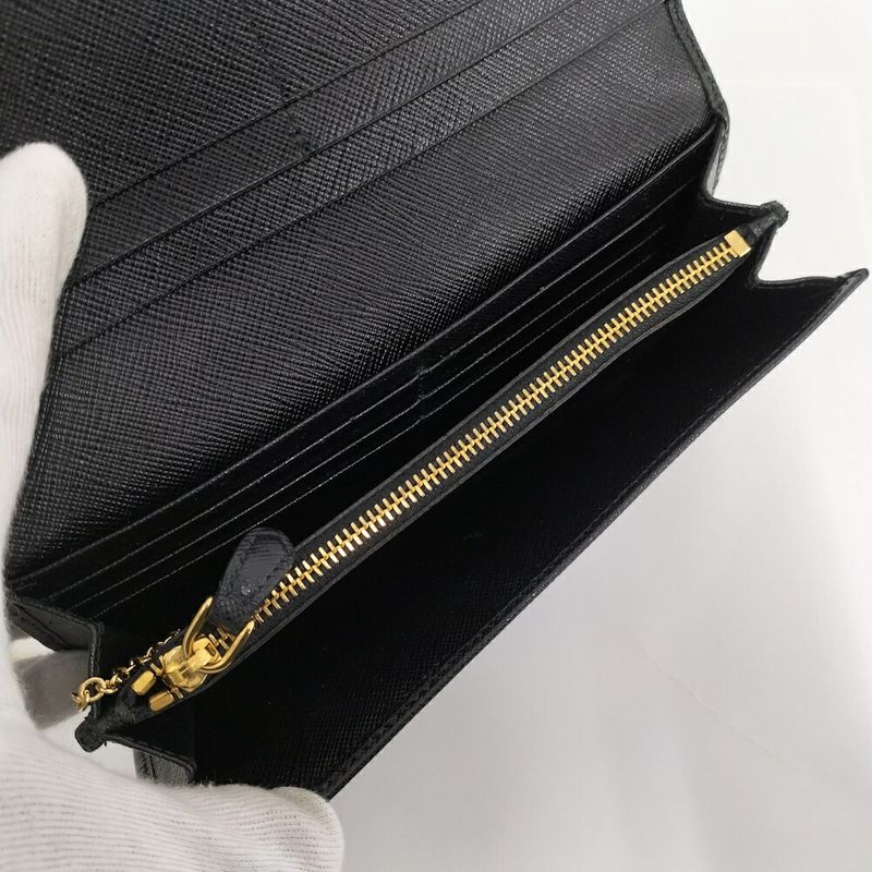 Prada Bifold Wallet Ribbon Leather Saffiano Black Nero