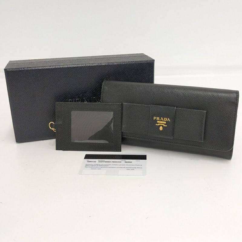 Prada Bifold Wallet Ribbon Leather Saffiano Black Nero