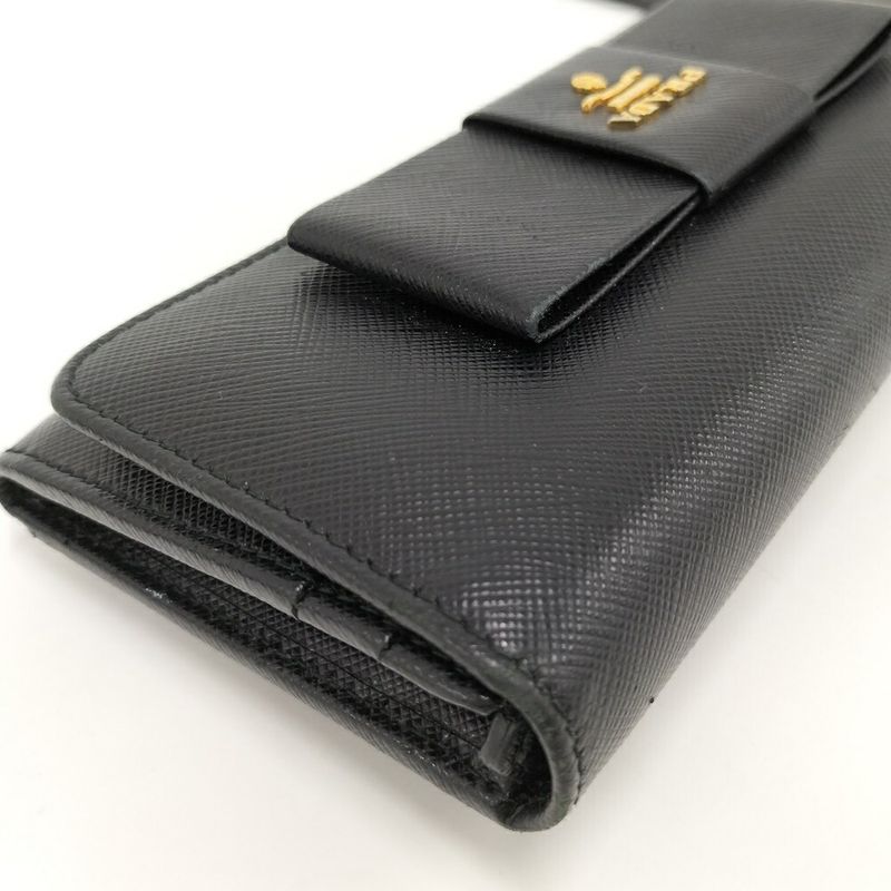 Prada Bifold Wallet Ribbon Leather Saffiano Black Nero
