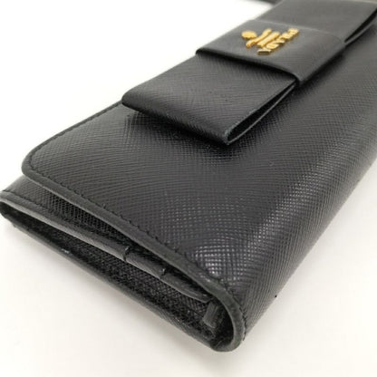 Prada Bifold Wallet Ribbon Leather Saffiano Black Nero