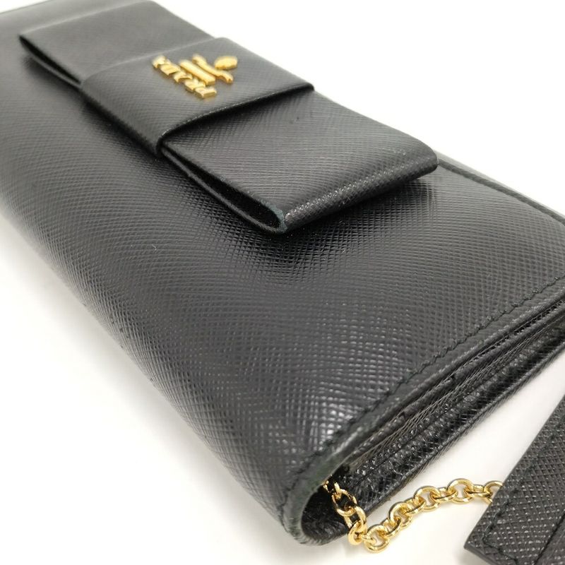 Prada Bifold Wallet Ribbon Leather Saffiano Black Nero