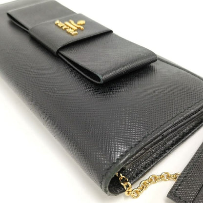 Prada Bifold Wallet Ribbon Leather Saffiano Black Nero