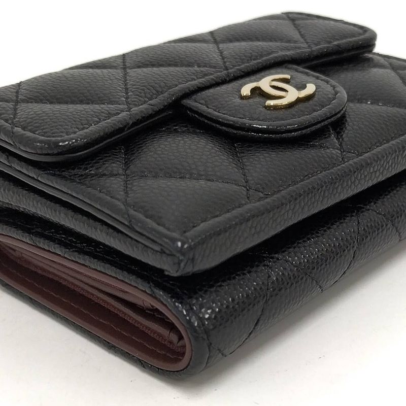 Chanel Classic Small Flap Wallet Trifold Caviar Leather Black Gold