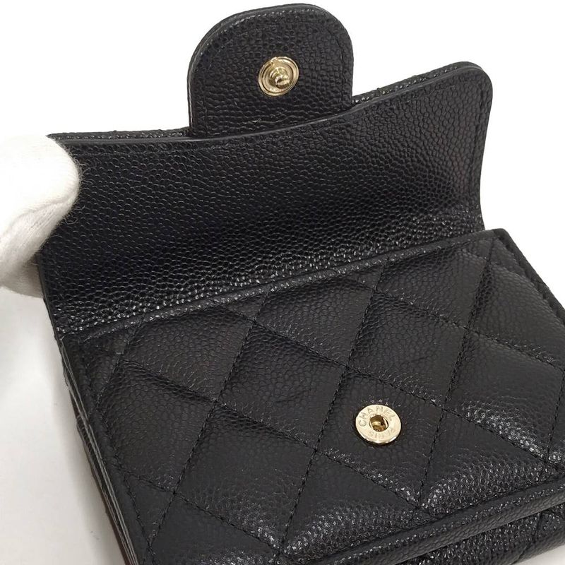 Chanel Classic Small Flap Wallet Trifold Caviar Leather Black Gold