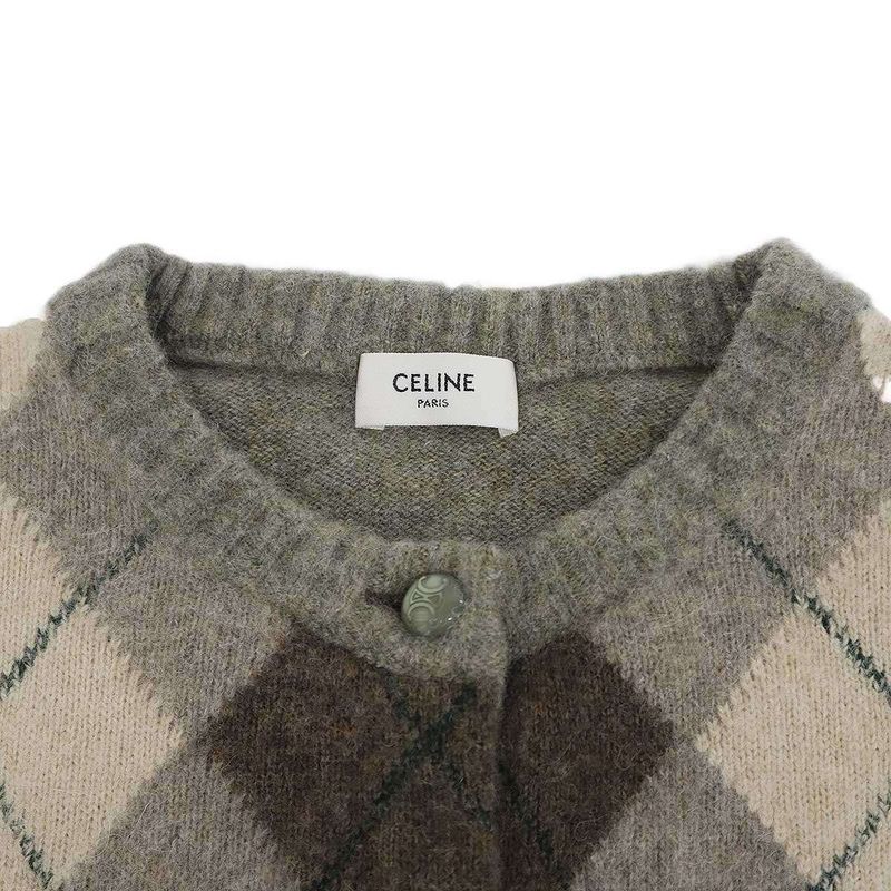 Celine Alpaca Cowl Argyle Car Digan Beige Shoulder Bag