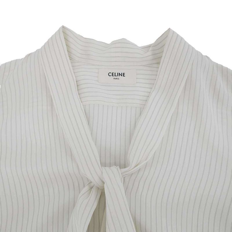 Celine Striped Bowtie Silk Blouse Shirt White 34