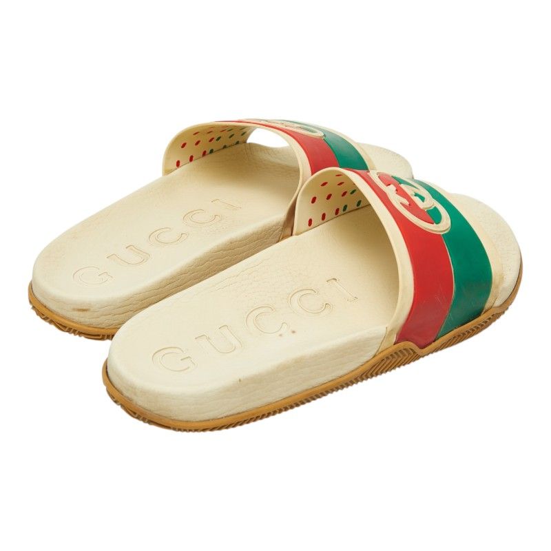 Gucci Interlocking Slide Sandals Shower Beige Green Red Rubber