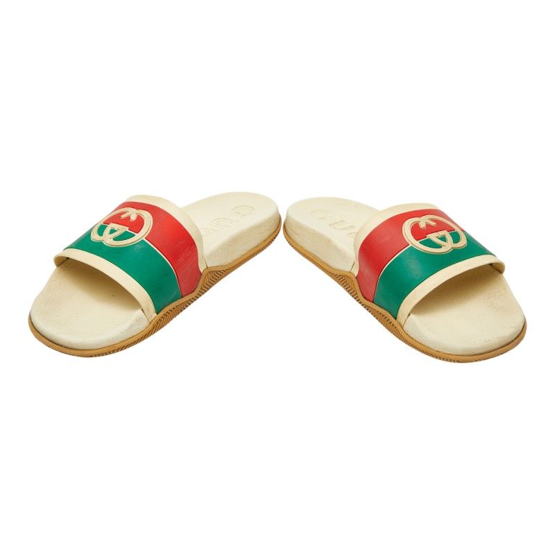 Gucci Interlocking Slide Sandals Shower Beige Green Red Rubber