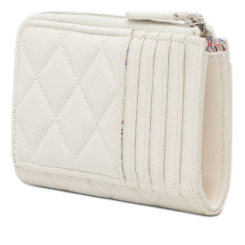 Chanel CC Logo Quilted Card Case Coin Fragment White Caviar Leather